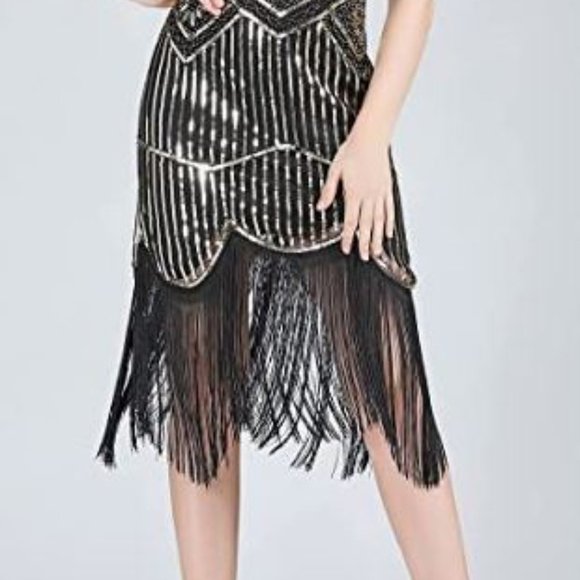 1920s V Neck Sequin Beaded Fringed Dress with 20s Accessories Set - Picture 3 of 7